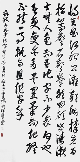 1614834941222220.jpg 颜才现作品14 苏轼《书舟中作字》 岁次丁酉颜才现书于安平桥西畴境运斤堂 尺寸:245X125cm 草书释文:将至曲江,船上滩欹侧,撑者百指,篙声石声荦然。回顾皆涛濑,士无人色,而吾作字不少衰,何也?吾更变亦多矣,置笔而起,终不能一事,孰与且作字乎。.JPG