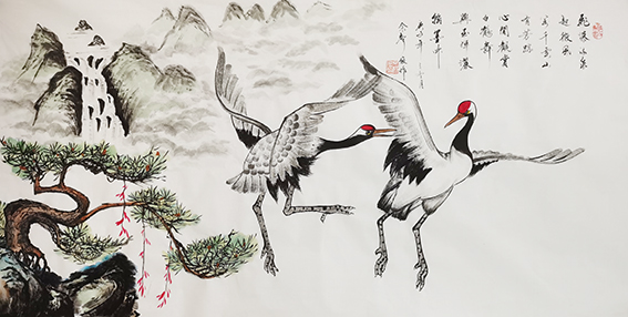 1614836680783992.jpg 佘声俊作品14《飞瀑流泉起微风 万千云山有芳踪 心闲观赏白鹤舞 兴至挥洒翰墨中》.jpg