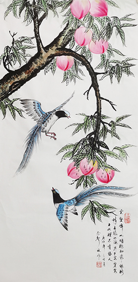 1614836615138049.jpg 佘声俊作品6《云壑仙山蟠桃红 丛丛绿树醉春风 四海升平宴宾客 王母赠果有缘人》寿带鸟与仙桃.jpg