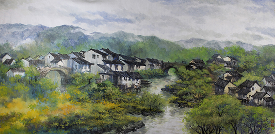 1615864238887543.jpg 盛絜作品17《江边庄里有双桥》 005 规格:136cm×67cm.jpg