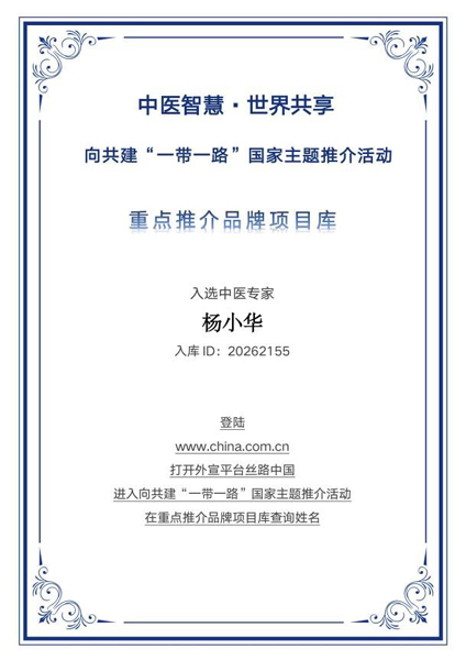 乡土仁心守健康 岐黄薪火耀丝路——杨小华入选“一带一路”国家主题推介重点推荐品牌库