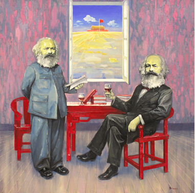 李如 马克思和马克思的一次约会(油画尺寸：200×200cm 2008作 私人收藏)