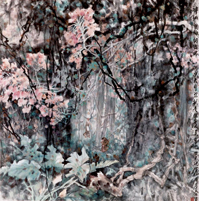 《神秘的版纳密林—保护大自然就是保护人类自己》 尺寸：123×123cm 1980年创作 获中国文联主办的“中国书画大展”金奖