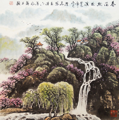 曲学真 春满桃花溪 尺寸：68X68cm