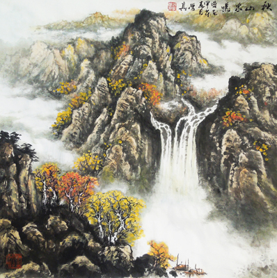 曲学真 秋山鸣泉 尺寸：68X68cm