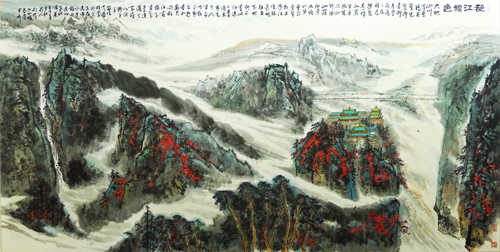 《都江秋色》巨幅山水画 2001年中秋创作于新疆军区 于尚林