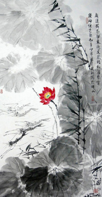 戏浪荷花动 2011 纸本国画 70X138cm