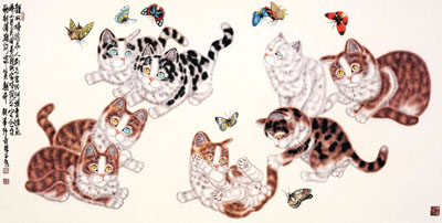 侯义栋国画作品 娇嘻多姿138X69cm