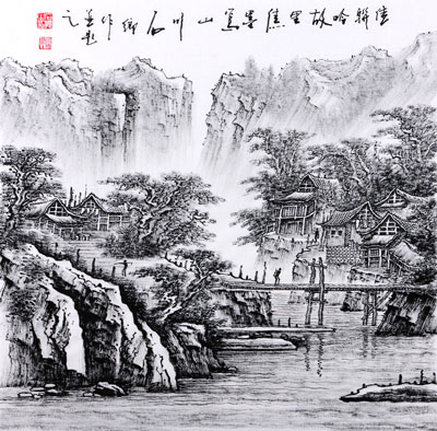 佳联吟故里、焦墨写山川 68X68