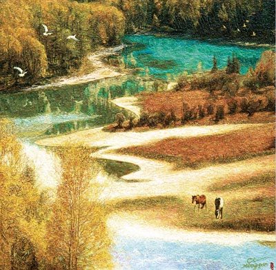 慈向群作品 九寨秋韵 布面油画96cmX96cm