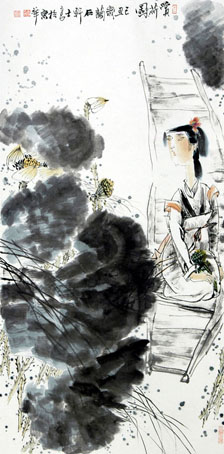 李士良作品《赏荷图》68X136cm