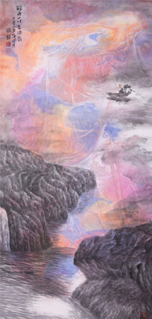 轻舟一夜老渔翁137cmX69cm