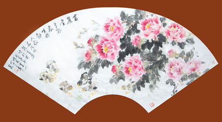 牡丹雏鸡大扇面 68x34cm