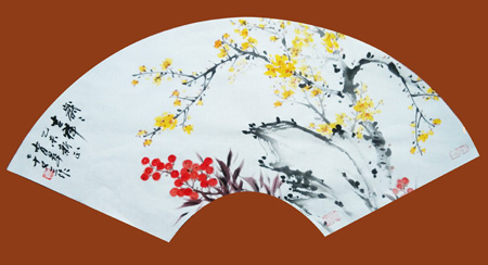 天竺腊梅扇面68x34cm