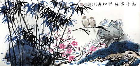 鸣春赏梅听松涛137cmX68cm