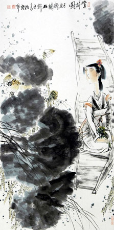 《赏荷图》68x136cm