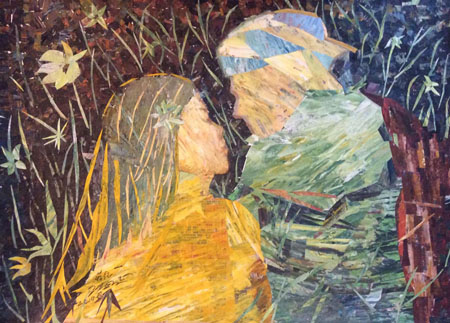 世界独创拼贴油画（情侣）41.5·57.5cm2014年此画用擦油画笔废弃的颜料纸待晾干后剪贴而成。近看乱糟糟，远看似油画，别有油画风味。