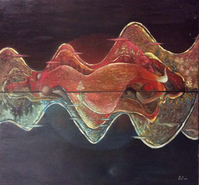 世界独创旋转油画（漓江风光）85·85cm1997年此画旋转欣赏可出现四幅不同画面，前无古人，后无来者。