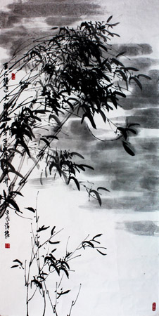 《千干竹外月华生》100x50 cm