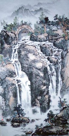 飞瀑轰鸣震山谷68cmx136cm