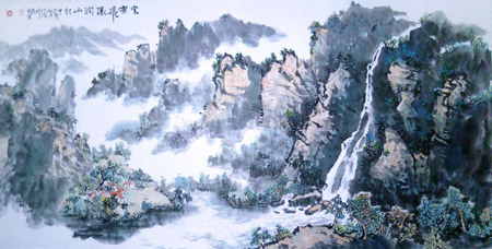 云雾飞瀑润山村68cmx136cm