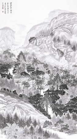 云南勐仑镇晨韵飞瀑图198cm×98cm