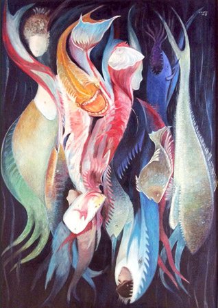 旋转油画（鱼魂）105·150cm 1997年 此画旋转欣赏可出现四幅不同画面