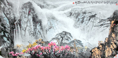 欲尽溪山忽雨晴 流水桃花路久近 闲挥笔墨心真远 一派青山白云景