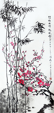 竹梅相伴傲风雪137cmx68cm