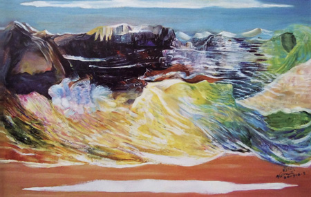 旋转油画（泥石流）50·70cm2009年 此画旋转欣赏可出现四幅不同画面。属世界画界绝品，前无古人，后无来者。