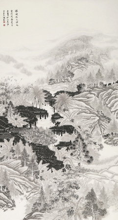 傣族村大岭飞云竹溪图198x98cm