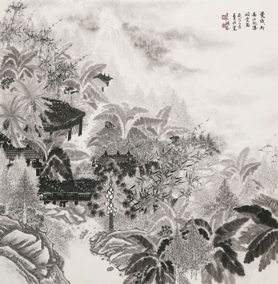 曼俄村高山飞瀑烟云图98X99cm
