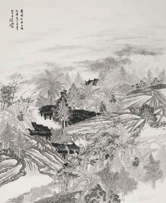 曼鸠村居丛林飞瀑图98X119cm