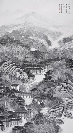 云南勐仑镇晨韵飞瀑图198cm×98cm