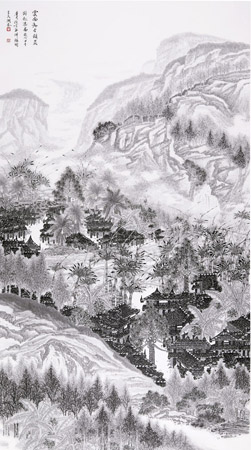 云南勐仑镇晨韵飞瀑图198cm×98cm