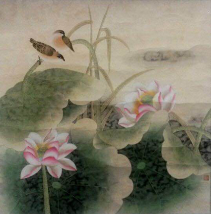 宁雪君作品《荷塘浮鲤影》