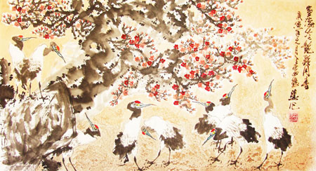 寒蕊冷艳鹤同春(182cm×98cm)