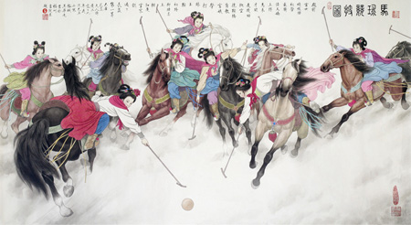马球竞技图工笔六尺