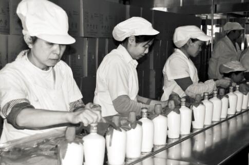 图为包装女工正在包装市面上热销的52度伊力老窖。