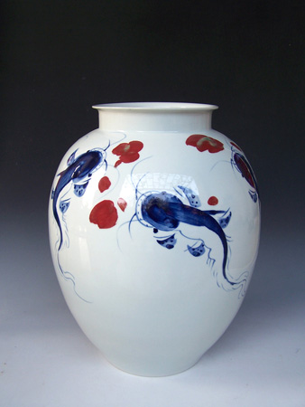 青花釉里红 《年年有余》48X33cm