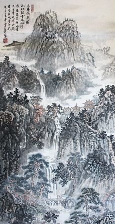 《高楼风影图》中国画 四尺整张