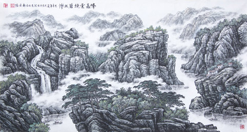 国画《峰矗云绕碧水湾》 规格：180cmx97cm