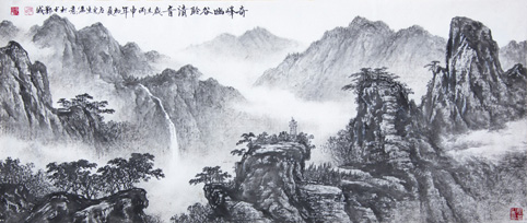 国画《奇峰幽谷聆清音》 规格：136cmx60cm