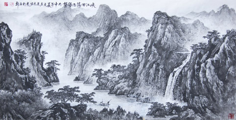 国画《峡江回荡飞瀑声》 规格：136cmx68cm