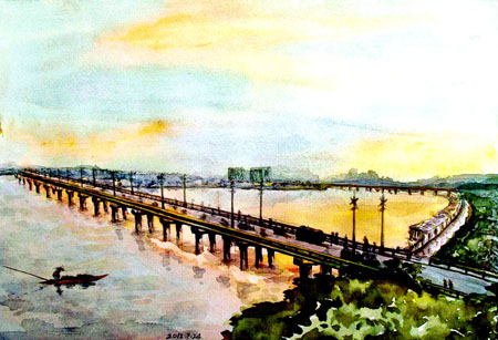 《金江新桥》水彩画