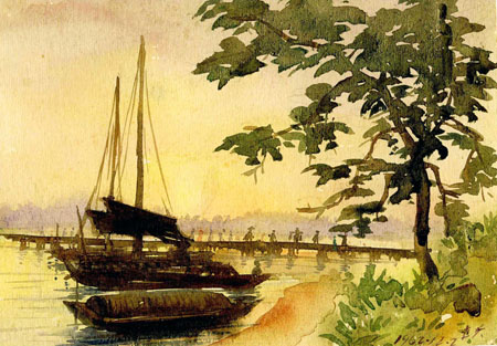 金江木桥黄昏 ( 第一桥) 水彩画