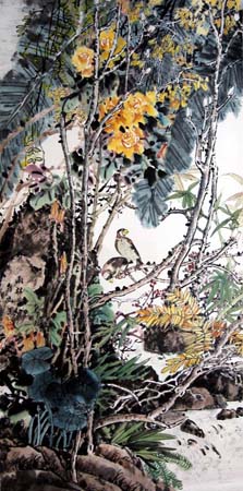 《雨林花香鸟幽闲》70×138cm