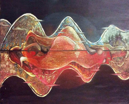 世界独创旋转油画前无古人，后无来者《漓江风光》（85×85cm）1998年， 此画旋转欣赏可出现四幅不同画面，属世界画界绝品。