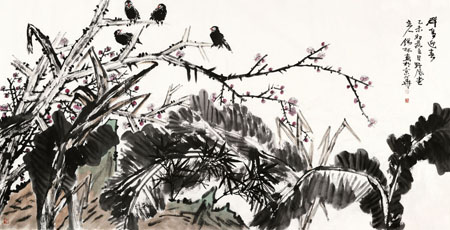 《群鸟迎春》规格：248×129cm