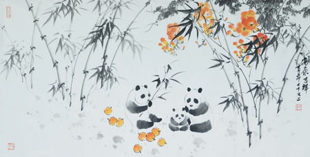 《熊猫墨竹凌霄》规格：134×69cm